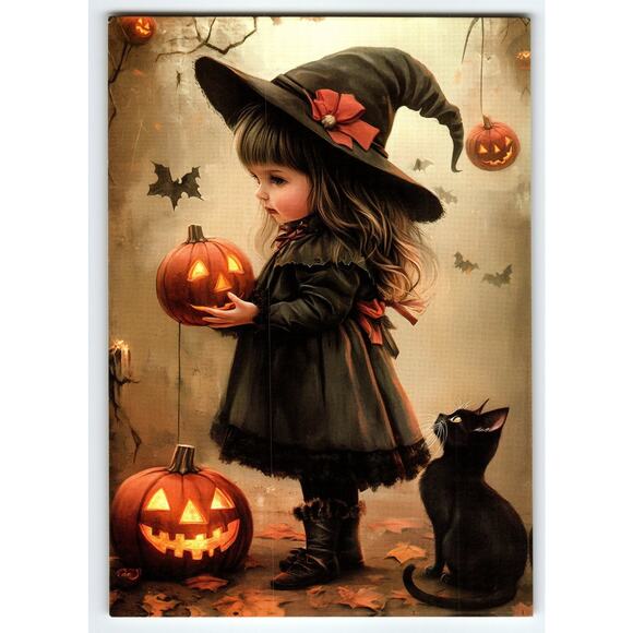 Vintage Photochrome Halloween Postcard Little Witch with Black Cat - Picture 1 of 2